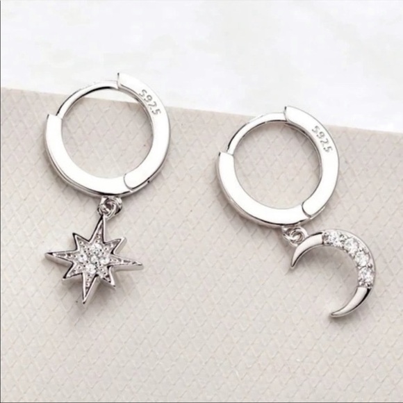 MOON STAR 925 STERLING SILVER DIAMOND HOOPS, NICE EARRINGS, CUTE EARRINGS - Picture 2 of 3